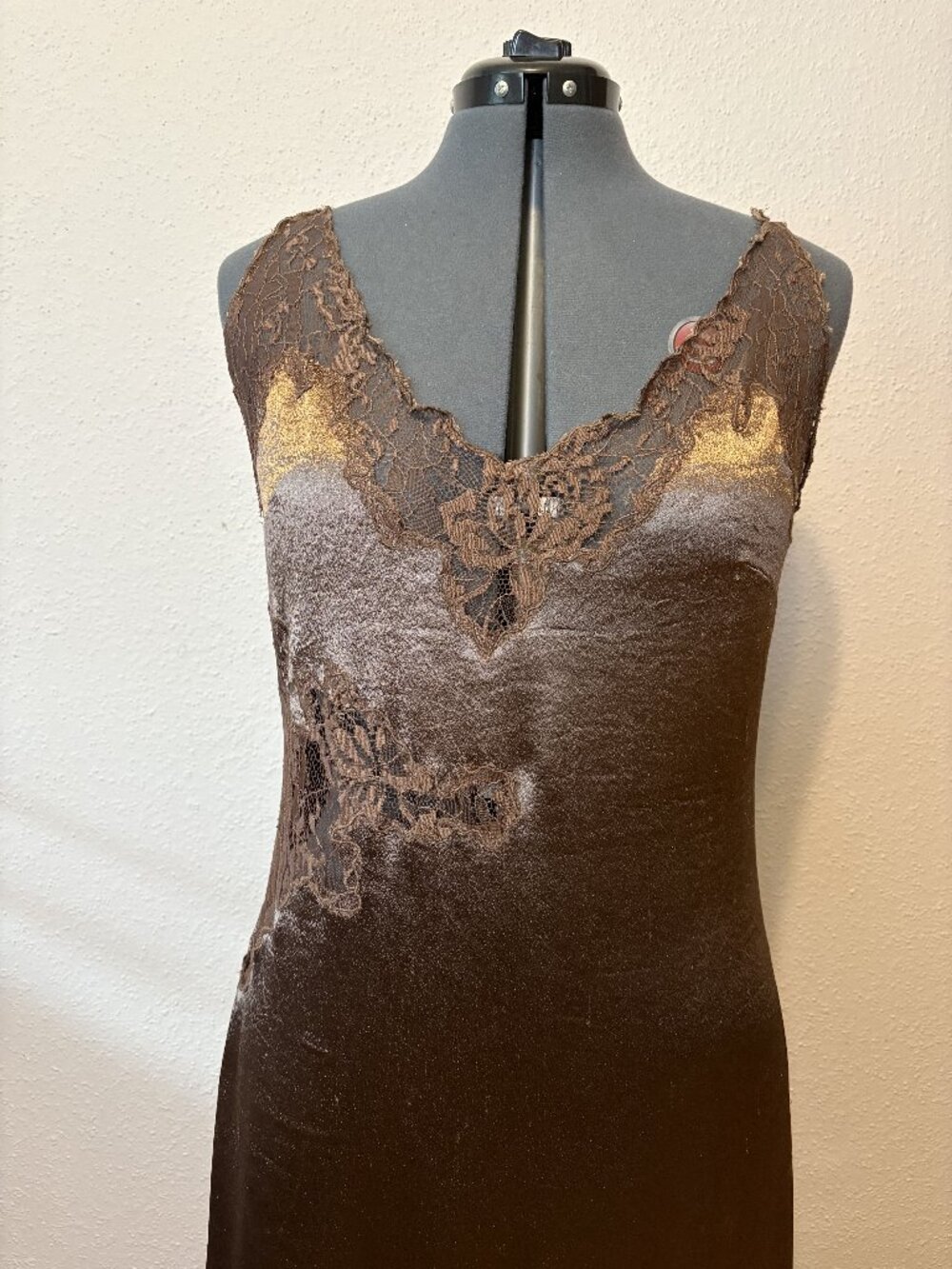Anthropologie L Brown Satin Lace Trim Maxi Slip Dress Adjustable Straps Boho